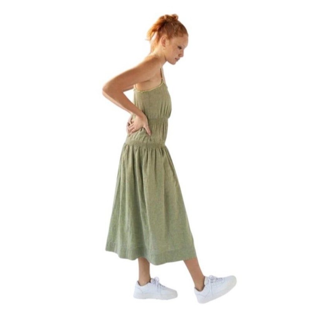 UO Ella Linen Dropped Waist Green Midi Dress Prairie NWOT